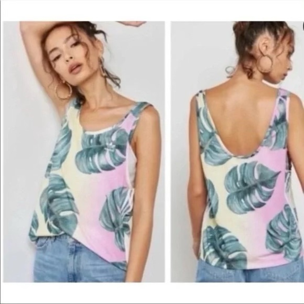Adidas X Farm Size Small Tropical Leaf Pattern Scoop Neck 3-Stripe Tank Top